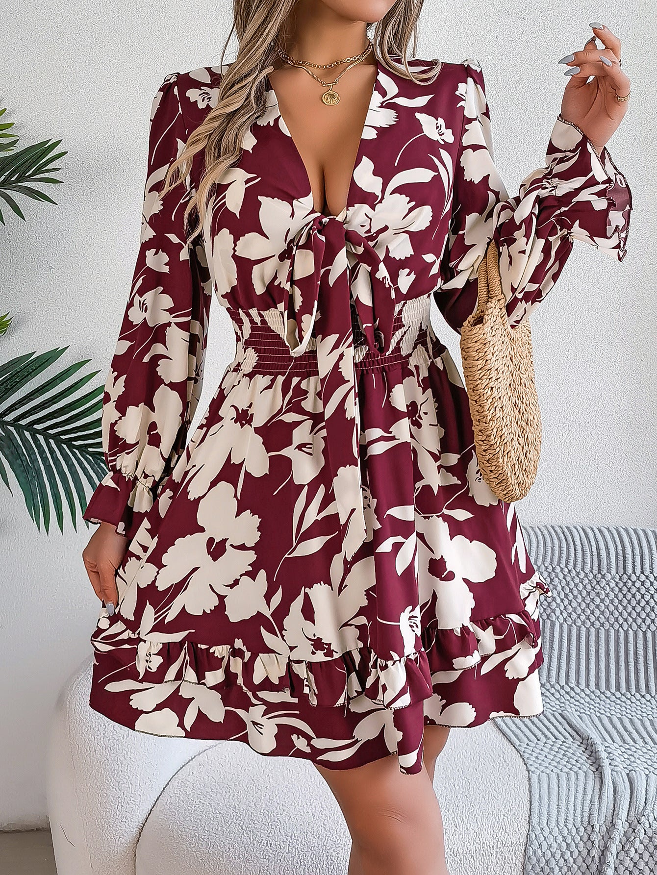 Floral V Neck Long Sleeve Ruffle Mini Dress
