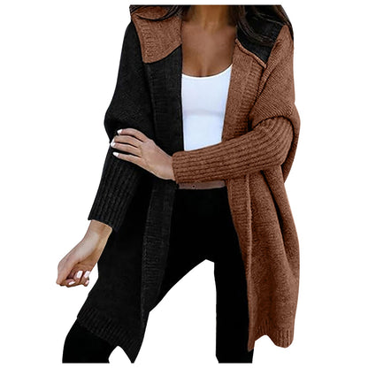 Oversized Hooded Color Block Open Front Long Cardigan