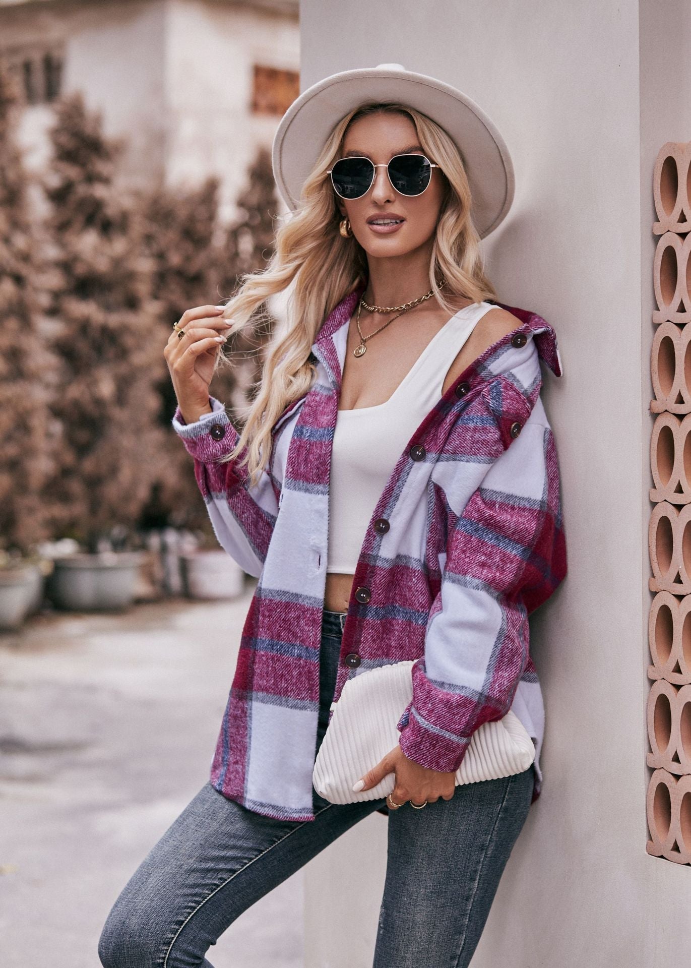 Plaid Flannel Shacket Button Front Pocket Oversized Jacket