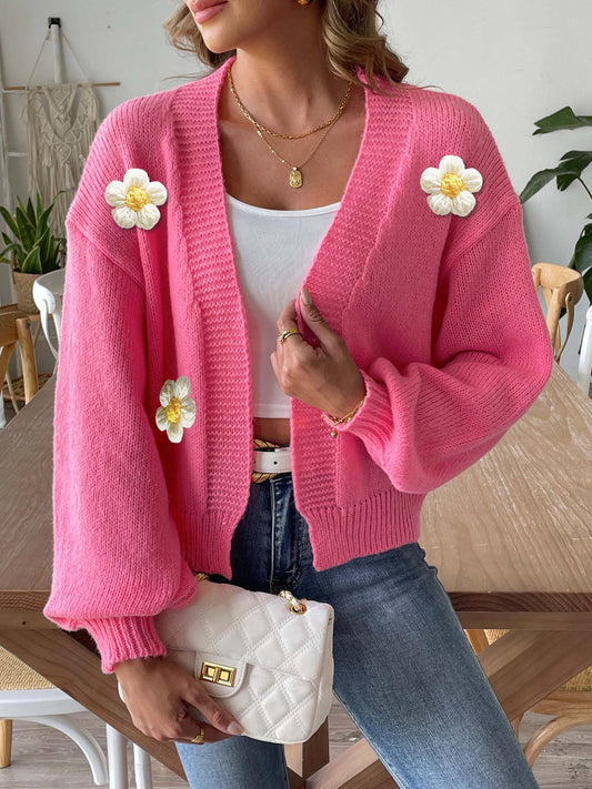 Floral Crochet Knit Cardigan Sweater with Balloon Sleeves