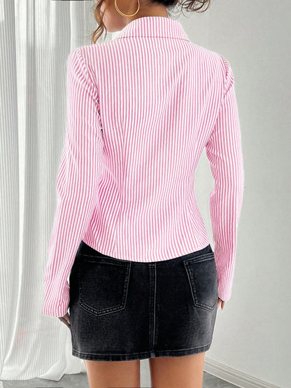 Striped V Neck Button Down Fitted Shirt Blouse for Women