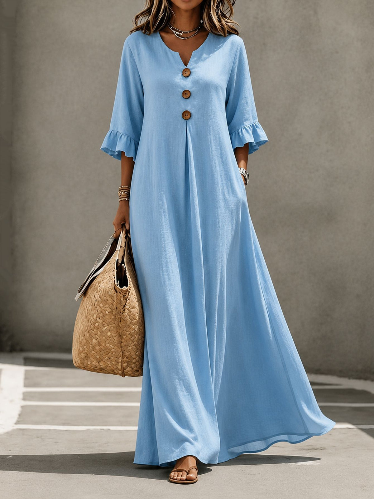 Women's V-Neck Boho Maxi Dress Ruffle Sleeve with Pockets