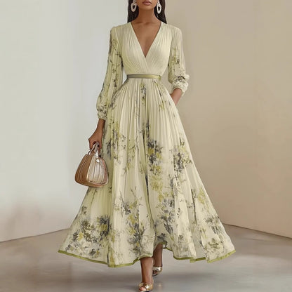 Floral Pleated V-Neck Long Sleeve Maxi Dress