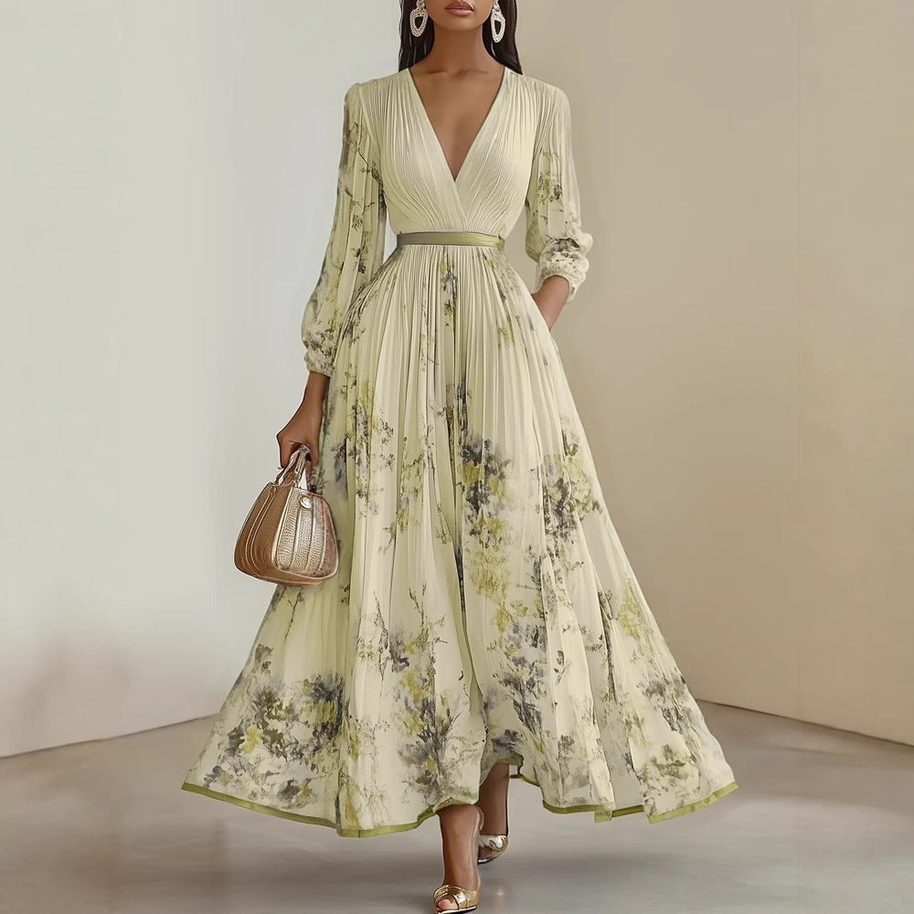 Women's Floral V-Neck Maxi Dress Long Sleeve Pleated A-Line