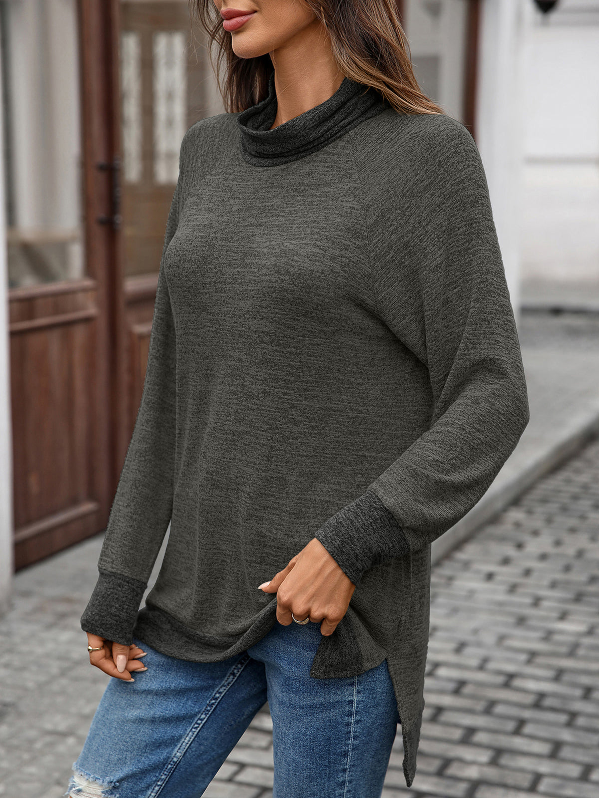 Women's Color Block Cowl Neck Long Sleeve Tunic Top