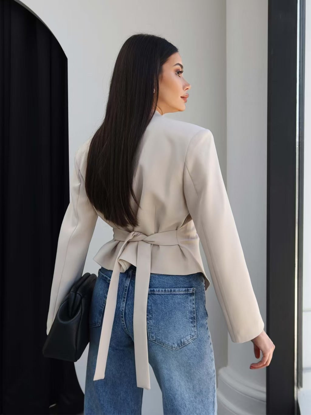 Women's V-Neck Cinched Waist Blazer Asymmetric Hem