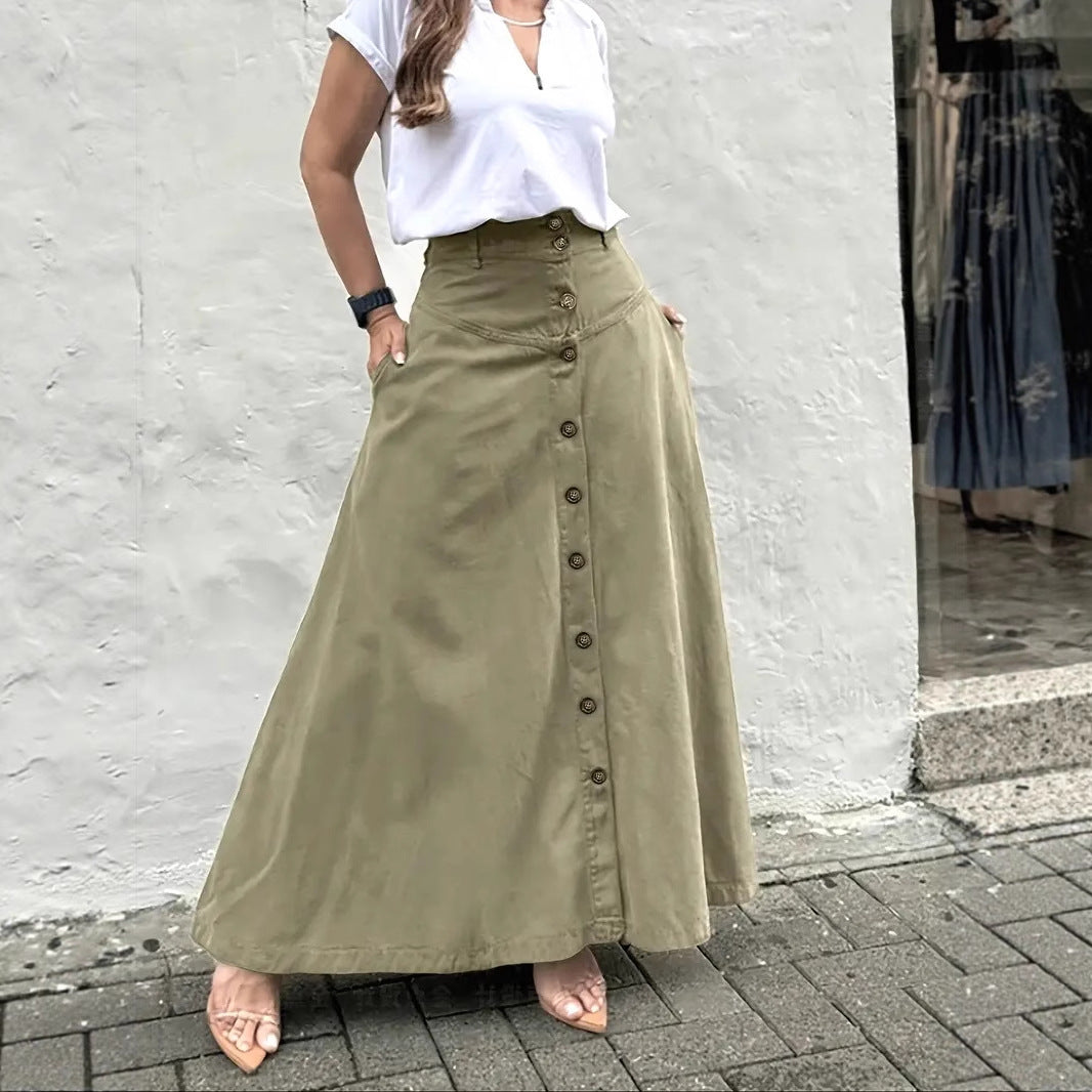 Women's High Waist Button Front Maxi Skirt A-Line Pockets