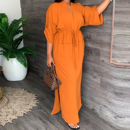 Women's V-Neck Tie Waist Maxi Dress Plus Size