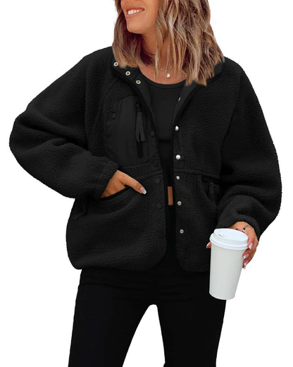Women's Oversized Sherpa Fleece Jacket Button Front Casual