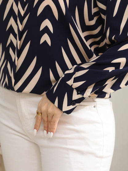 Geometric Print Plus Size V Neck Long Sleeve Blouse