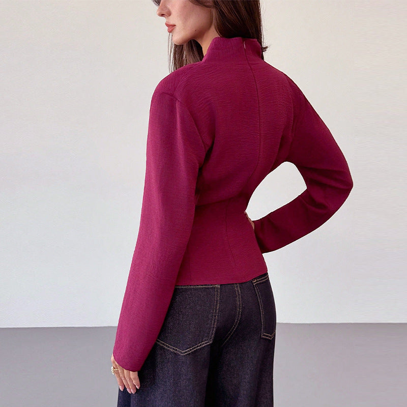 Burgundy V-Neck Ruched Asymmetric Long Sleeve Blouse