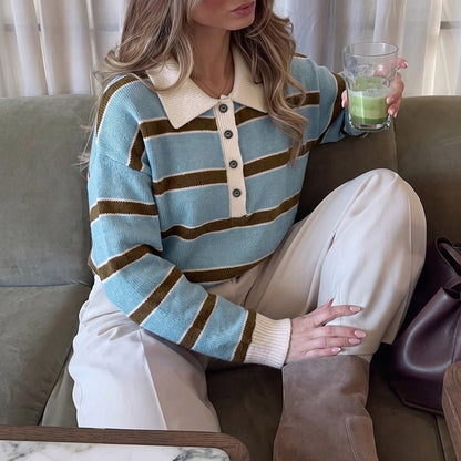 Striped Knit Polo Sweater Button Placket Relaxed Fit