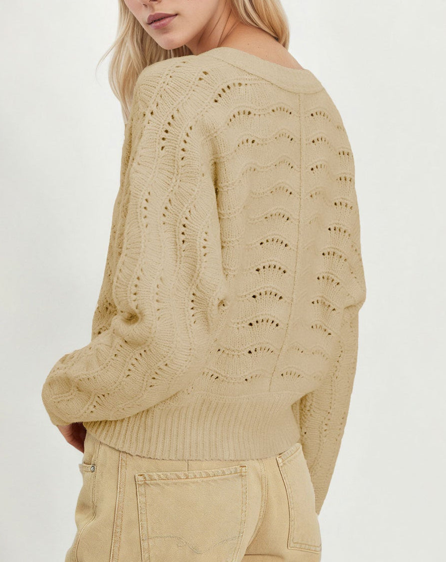 Pointelle Knit Cardigan Sweater Button Front Casual Top