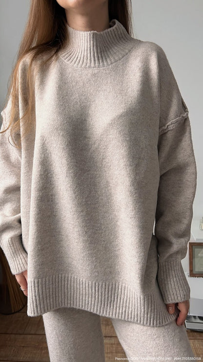 Knit Turtleneck Lounge Set with Wide Leg Pants