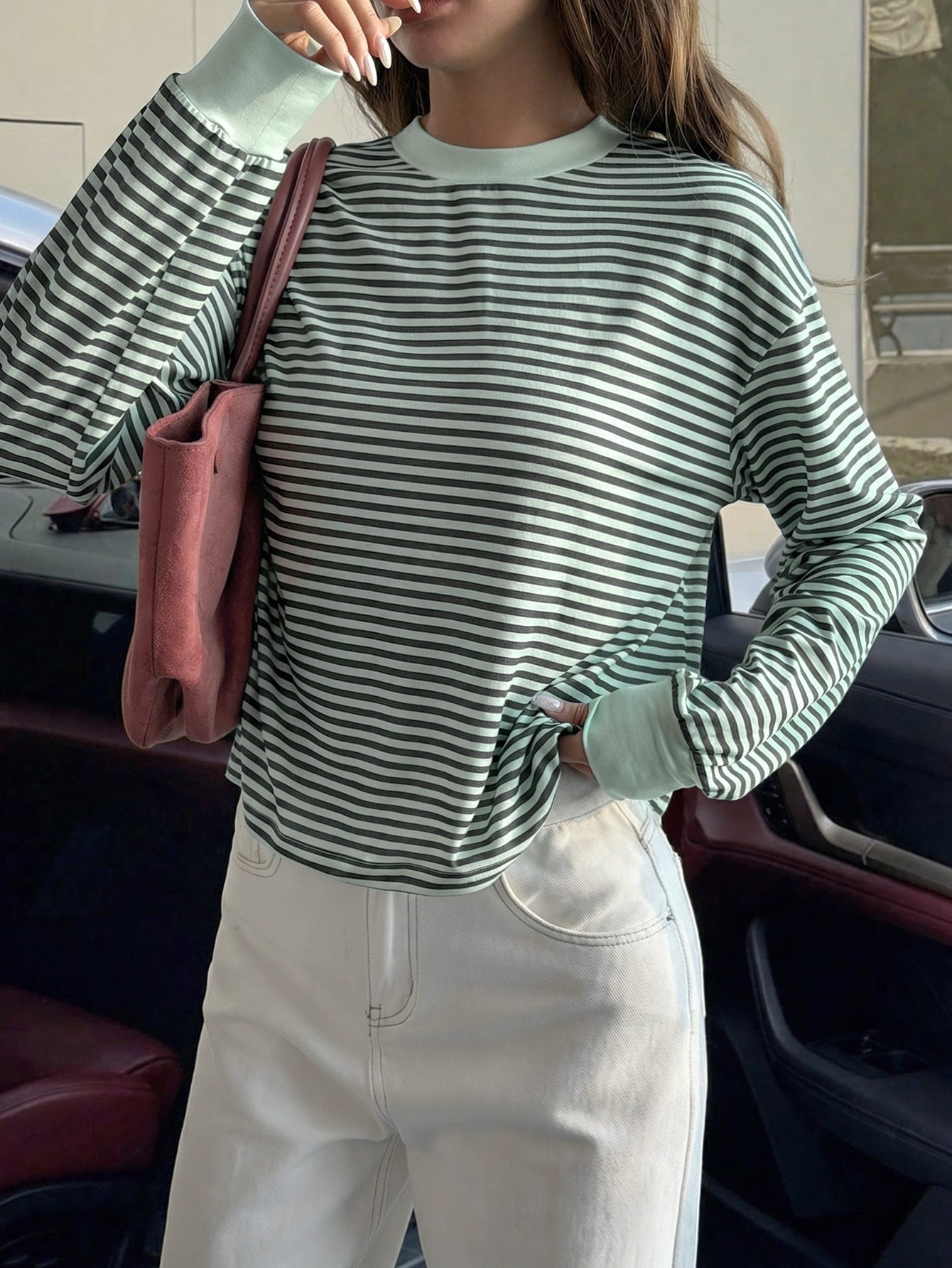 Pink Black Striped Long Sleeve Crew Neck Casual Tee