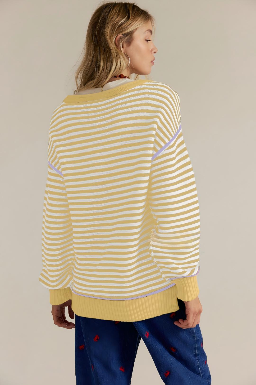 Stripe Knit Oversized Sweater Crew Neck Pullover Top