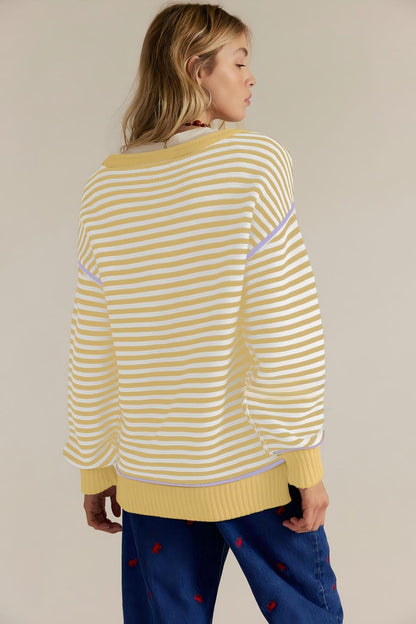 Stripe Knit Oversized Sweater Crew Neck Pullover Top
