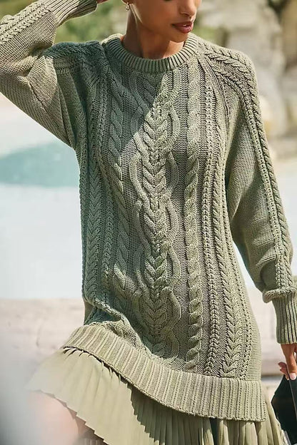 Cable Knit Sweater Dress Long Sleeve Pleated Hem