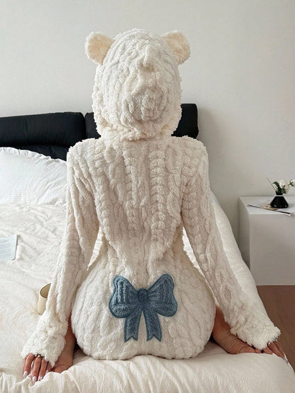 Women's Fuzzy Hooded Sherpa Romper with Bow Back