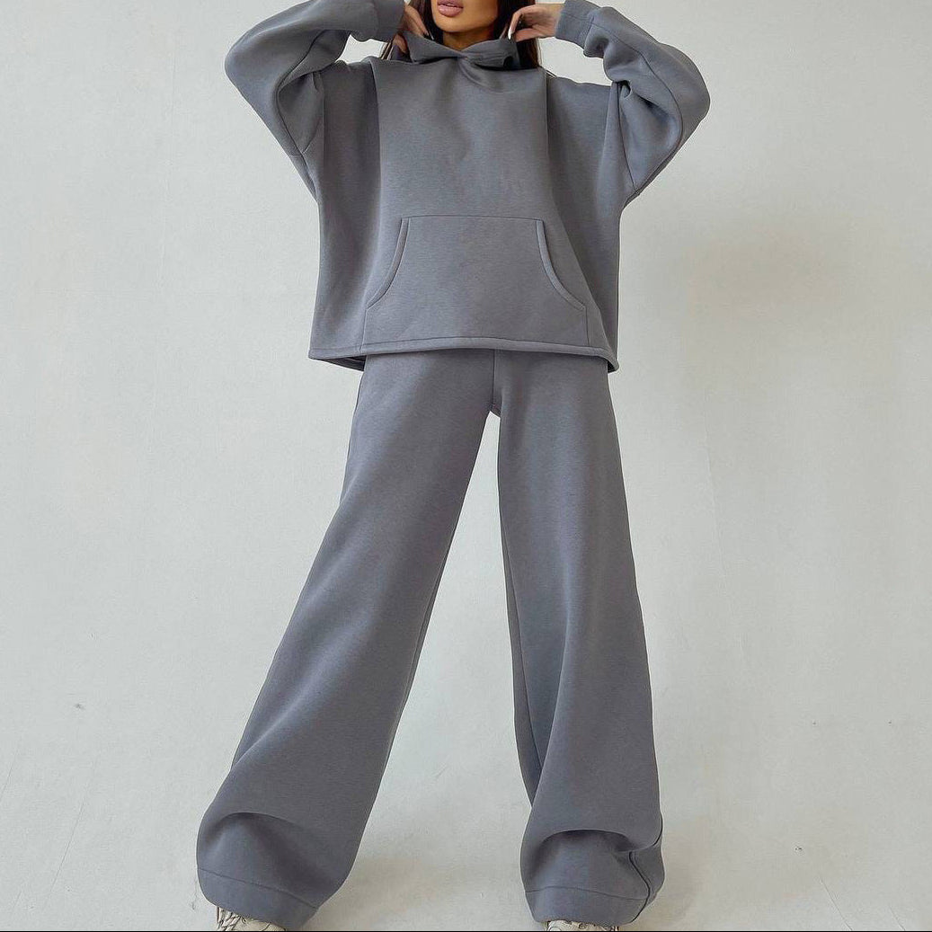 Women's Fleece Hoodie Wide Leg Pants Matching Set