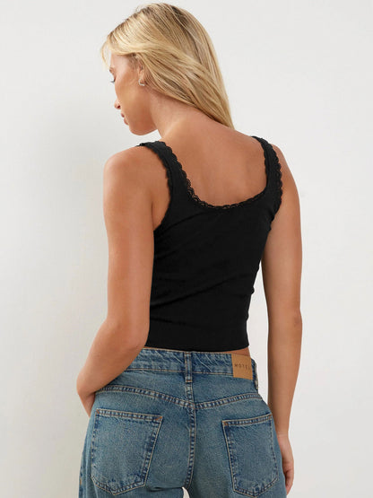 Ribbed Lace Trim Cami Top Slim Fit Cropped Tank