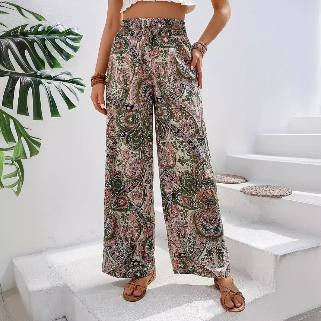 Fashionable Printed Wide-Leg Pants for Women Versatile Elastic Waist