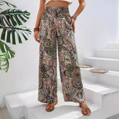 Fashionable Printed Wide-Leg Pants for Women Versatile Elastic Waist