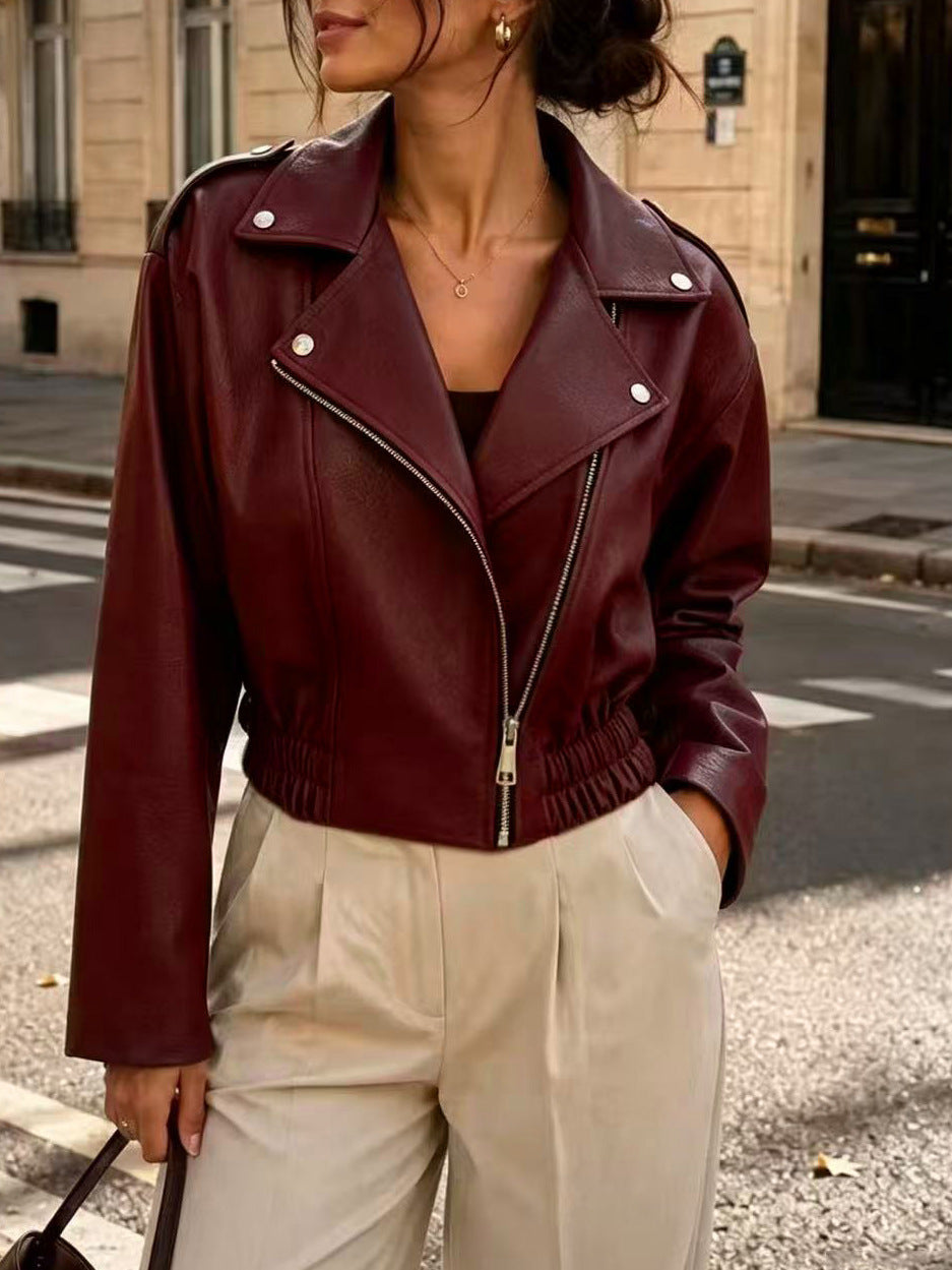 Womens Cropped Faux Leather Moto Jacket Zip Up