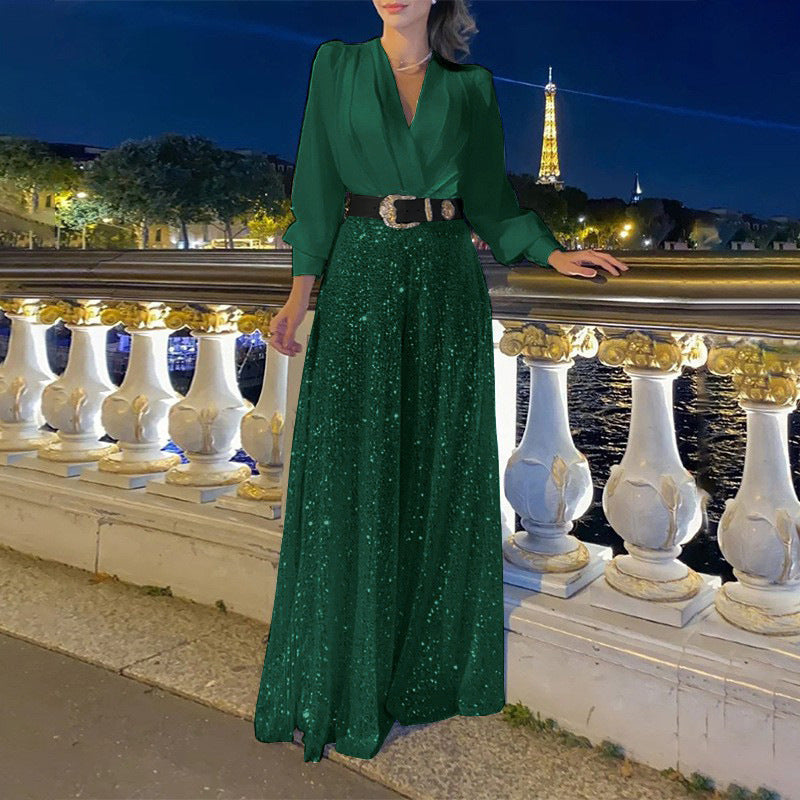 Women's 2 Piece Sequin Wide Leg Pants V Neck Belted Set