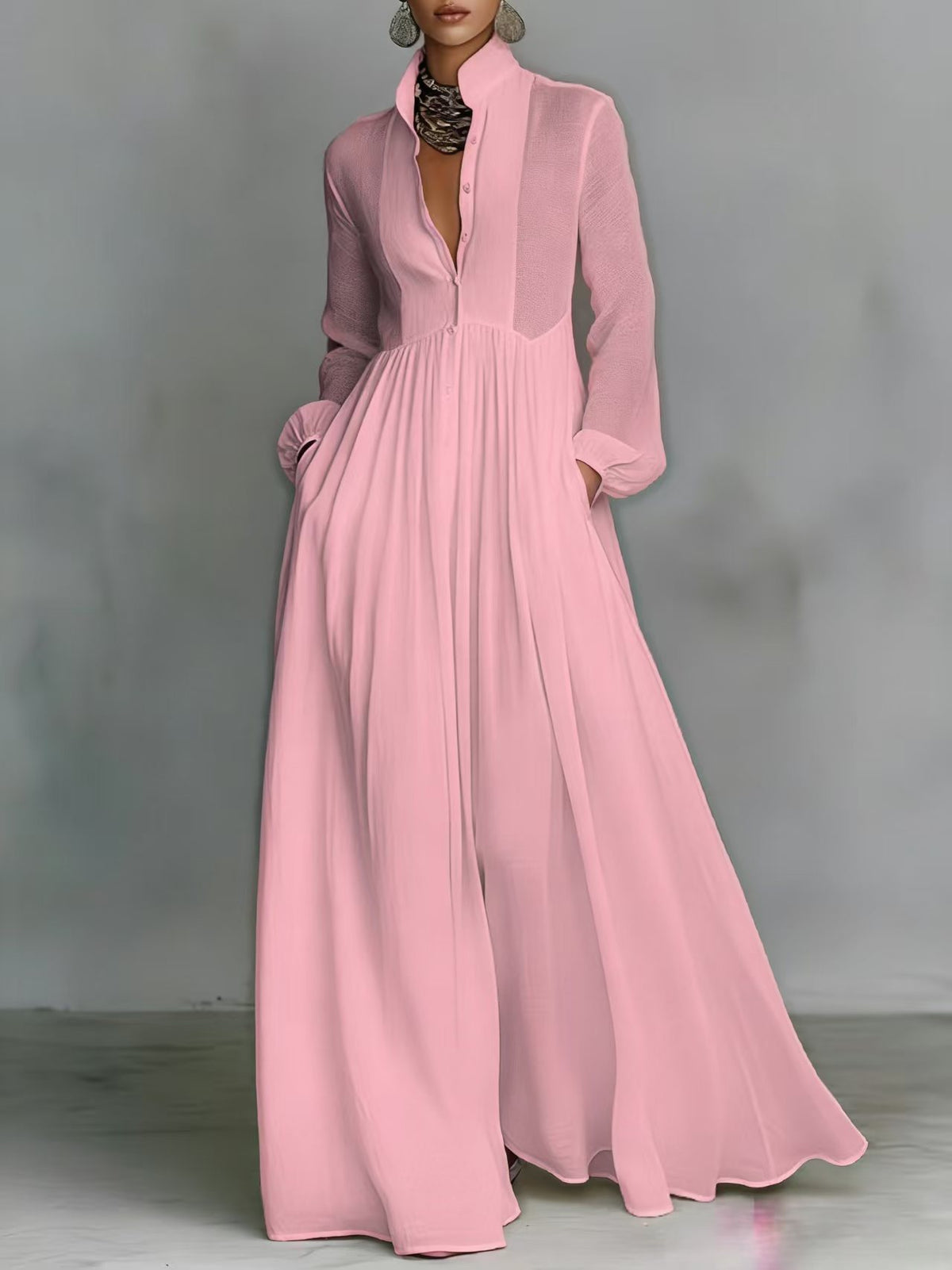 Women’s Elegant Button Down Maxi Dress Long Sleeve Flowy