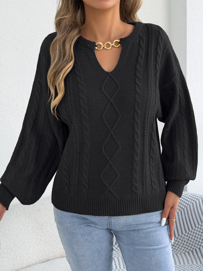 Women's Cable Knit Balloon Sleeve Chain Pullover Sweater