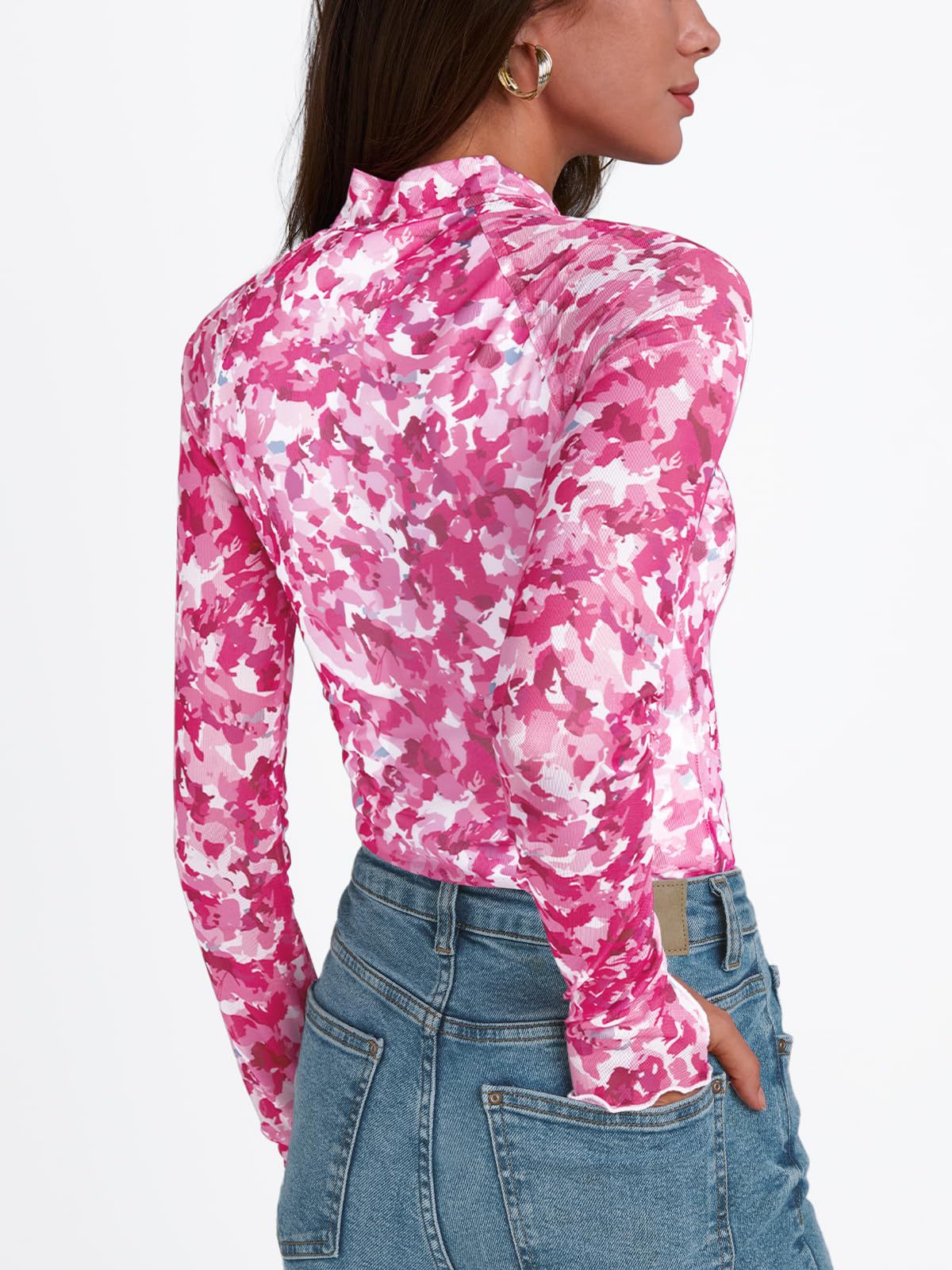 Y2K Mesh Printed Semi-Turtleneck Long Sleeve Top