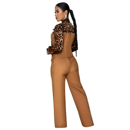 Leopard Print Tie Neck Blouse & Wide Leg Pants Set