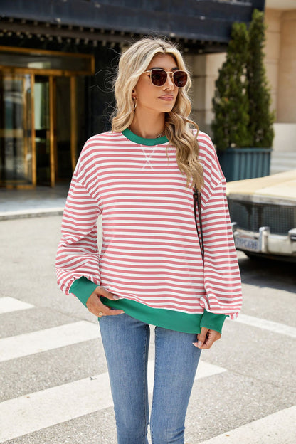 Striped Color Block Crew Neck Loose Fit Long Sleeve Sweatshirt