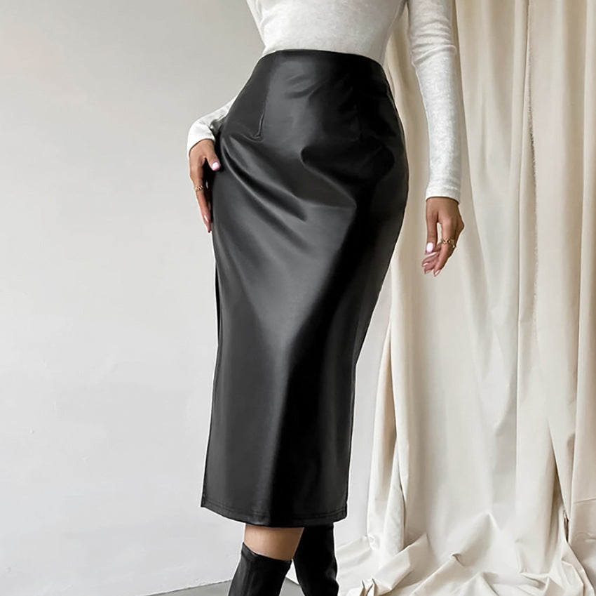 PU Leather Midi Skirt High Waist Side Slit Slim Fit