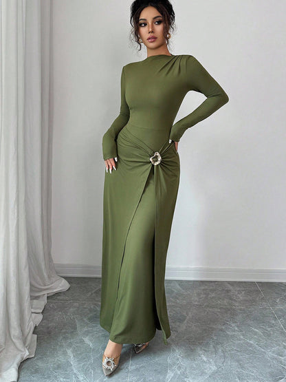 Women's Long Sleeve Bodycon Maxi Dress Knit Ring Detail