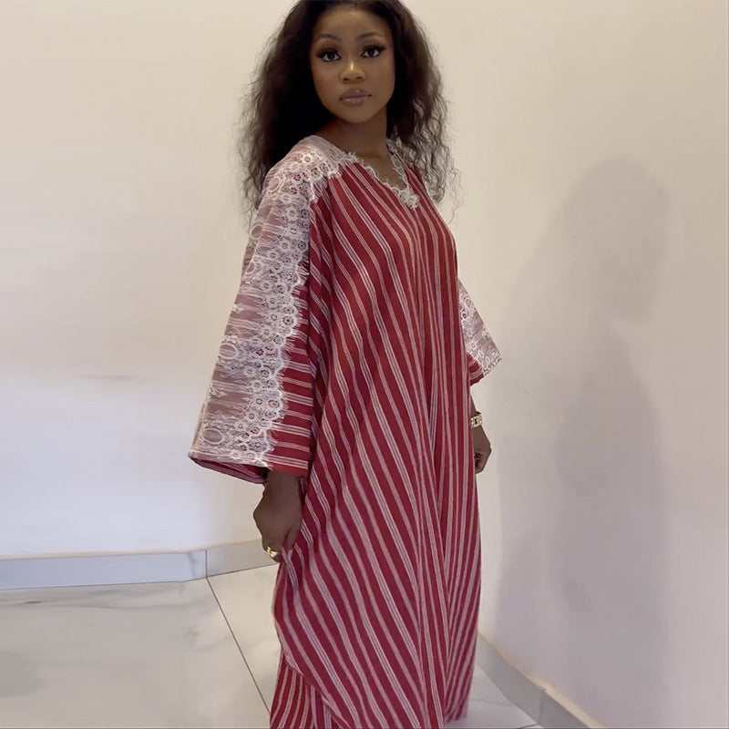 Striped Lace V-Neck Long Sleeve Maxi Dress