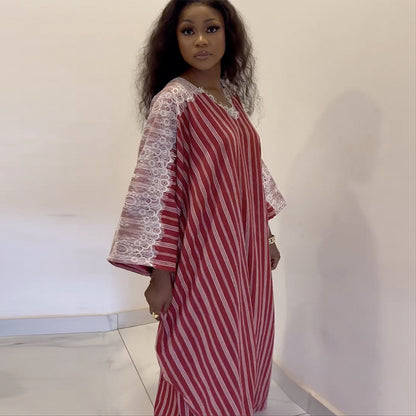 Striped Lace V-Neck Long Sleeve Maxi Dress