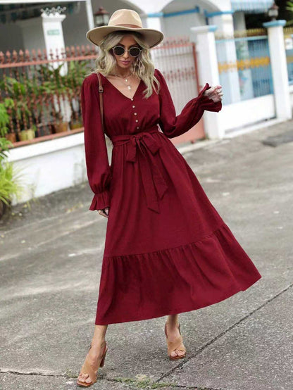 Women's Long Sleeve V Neck Button Up Tie Waist Midi Dress