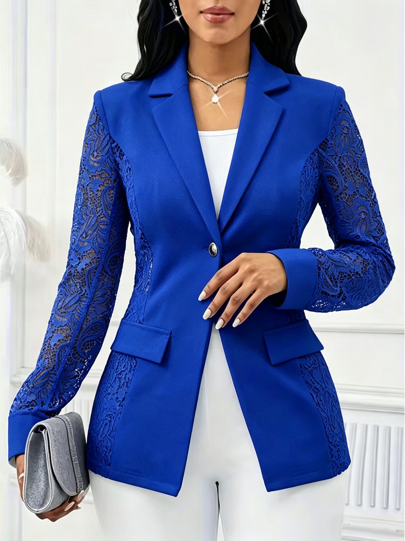Women's Lace Sleeve Blazer One Button Elegant Jacket