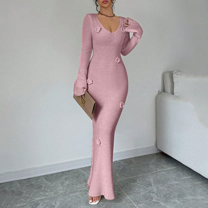 Sexy V Neck Ribbed Knit Bodycon Maxi Dress 3D Floral