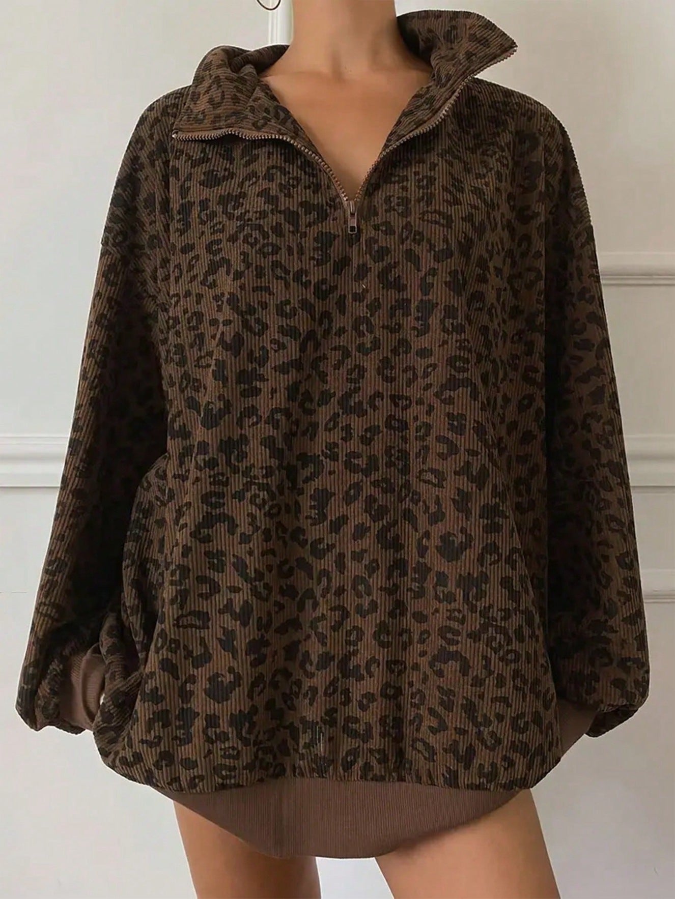 Leopard Print Oversized Quarter Zip Pullover Sweatshirt