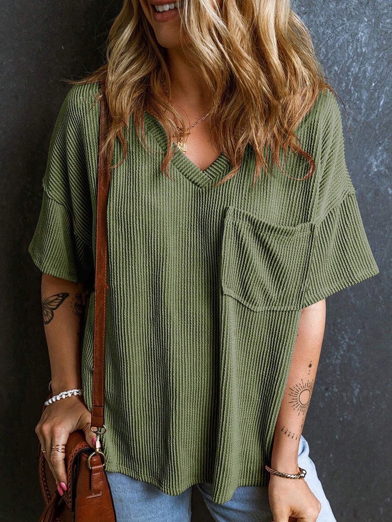 Women’s Ribbed V Neck Short Sleeve Pocket Tee