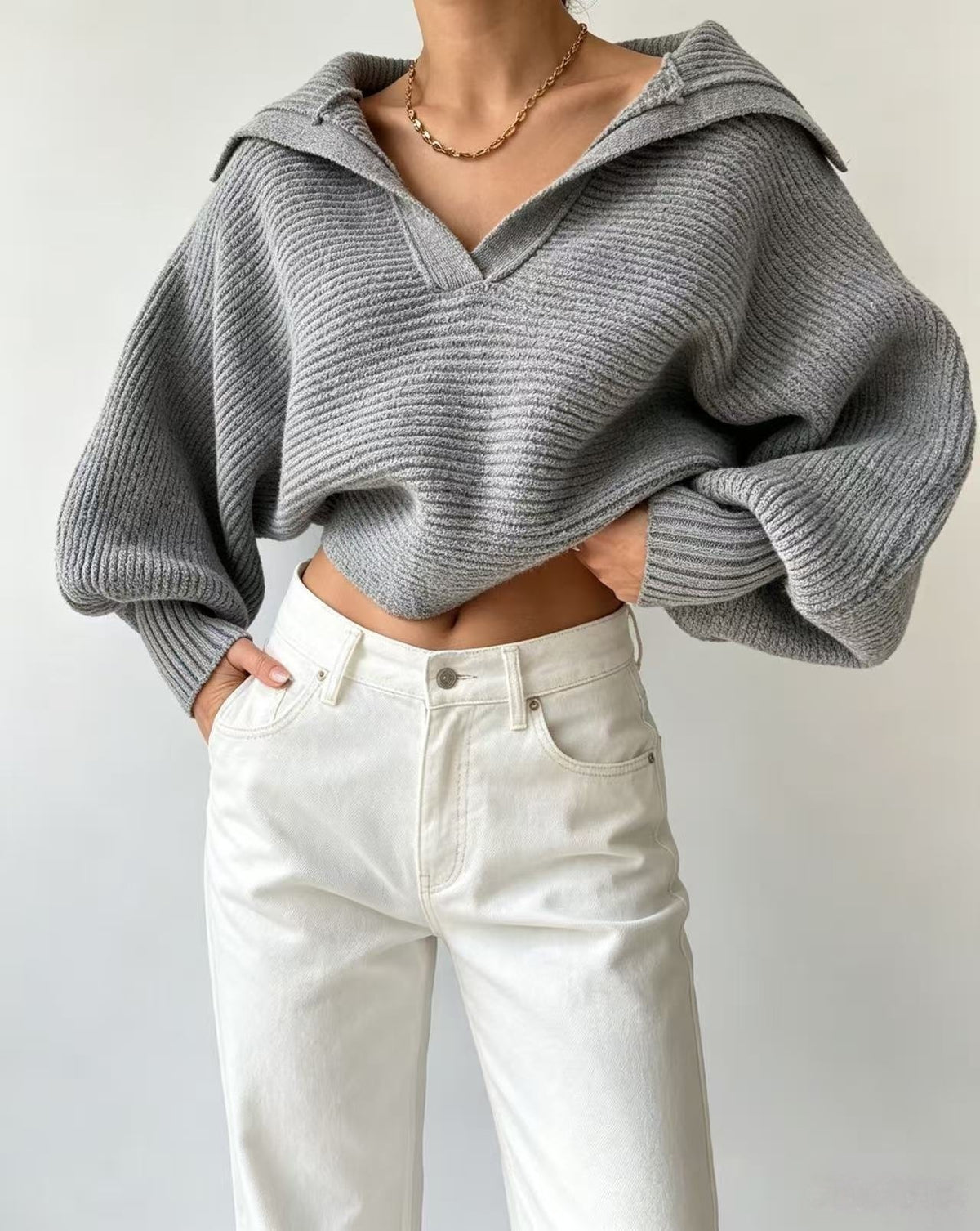 Chunky Knit Collared Balloon Sleeve Sweater