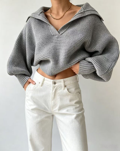 Chunky Knit Collared Balloon Sleeve Sweater