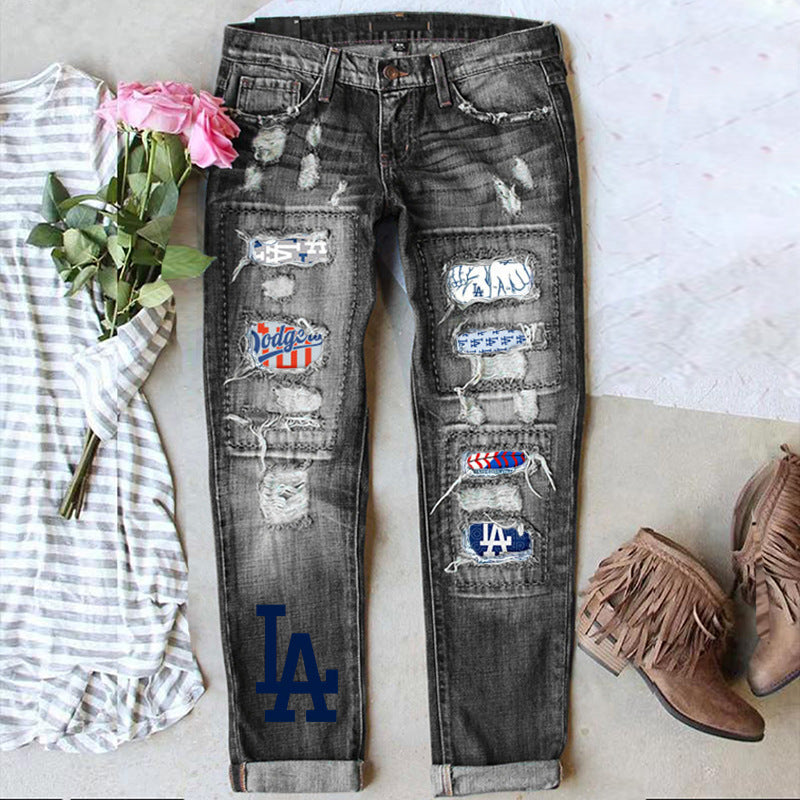 Game Day Distressed Straight Leg Mid Rise Jeans