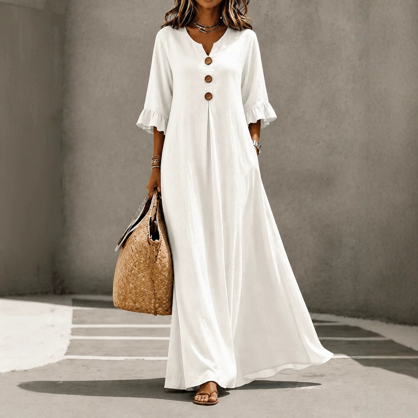 Women's V-Neck Boho Maxi Dress Ruffle Sleeve with Pockets
