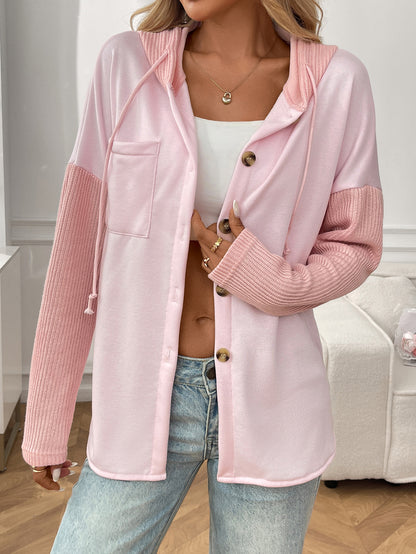 2025 Fall/Winter Colorblock Knit Sleeve Hoodie – Casual Button Down Top