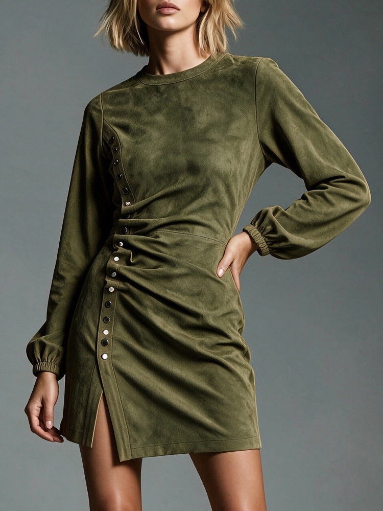 Women's Faux Suede Ruched Long Sleeve Bodycon Dress