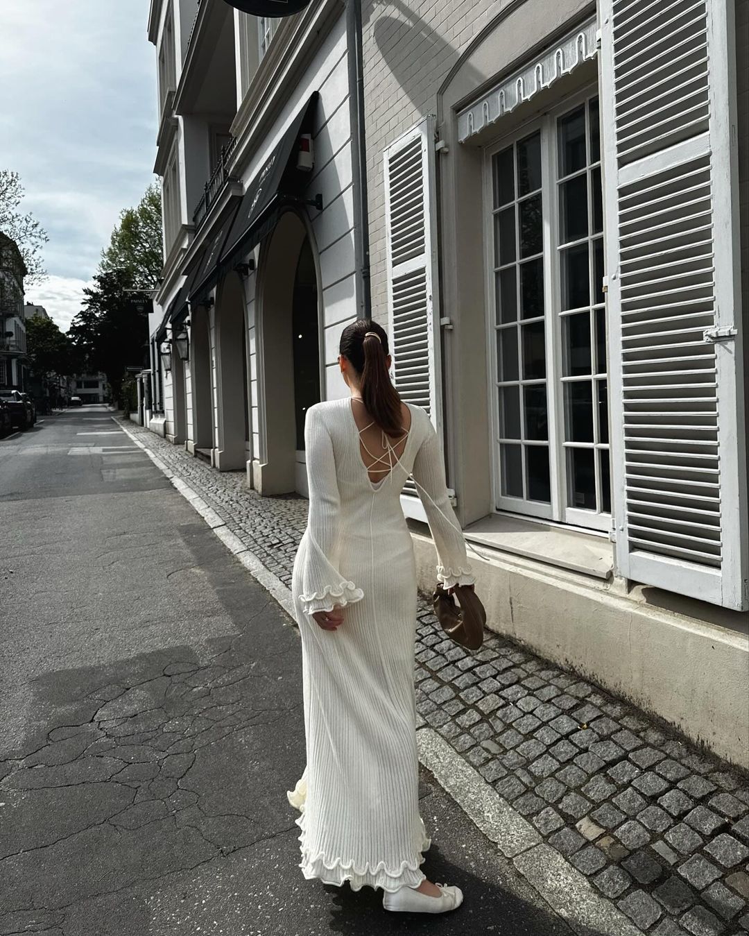 Ribbed Ruffle Maxi Dress Open Back Flare Sleeve